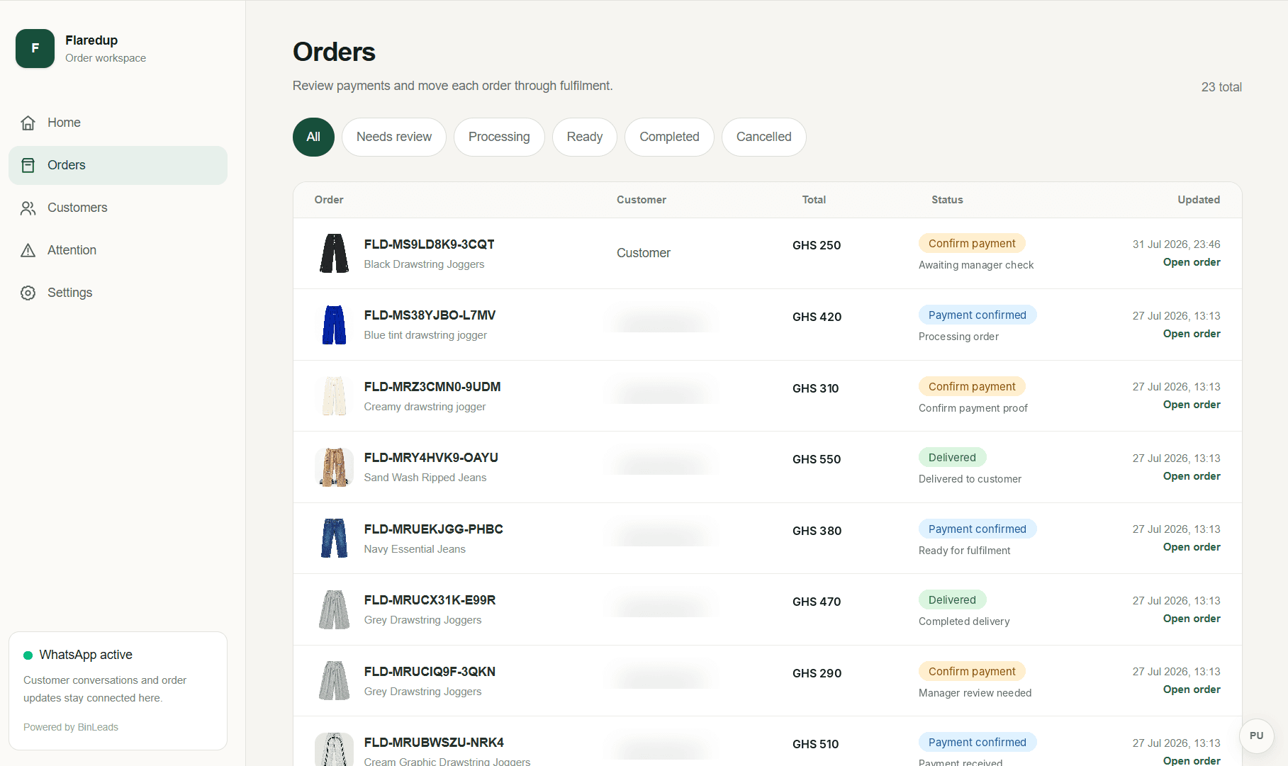 BinLeads order workspace showing payment review, processing and delivered orders