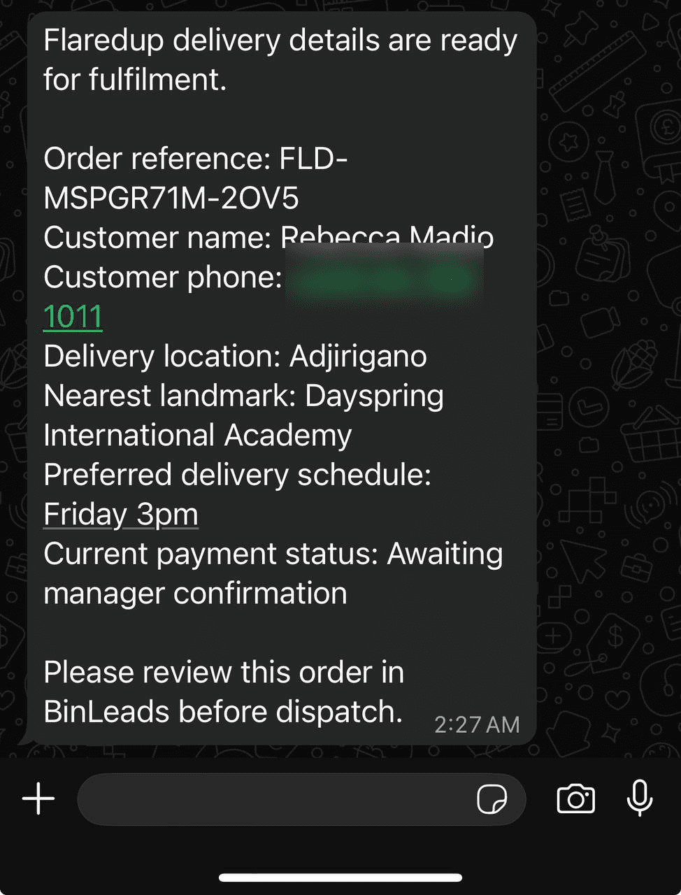 A BinLeads WhatsApp supervisor alert with customer details protected